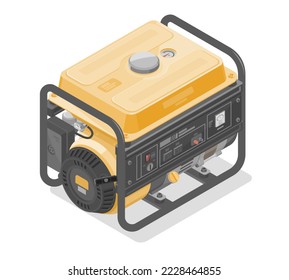 Home portable power generators engine motor isometric for industry and construction equipment yellow in white isolated