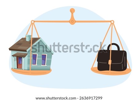 Home and portfolio on scale. Balancing between home and work. Family and career choose. Selection dilemma. House building and business briefcase comparison. Lifestyle harmony strategy. Vector concept