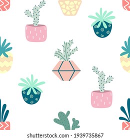 Home potted plants seamless pattern. Indoor flowers. Pattern in earthy and natural colors in boho style