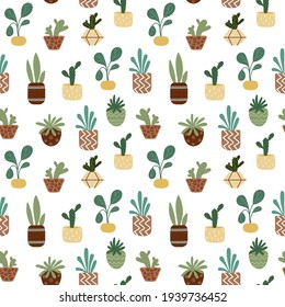 Home potted plants seamless pattern. Indoor flowers. Pattern in earthy and natural colors in boho style