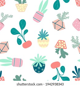 Home potted plants seamless pattern. Indoor flowers. Pattern in earthy and natural colors in boho style
