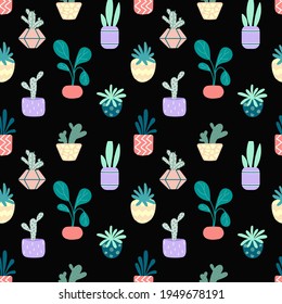 Plantas machacadas en casa sin problemas. Flores interiores. Patrón en colores terrenales y naturales al estilo boho