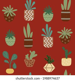 Home potted plants seamless pattern. Indoor flowers. Pattern in earthy and natural colors in boho style