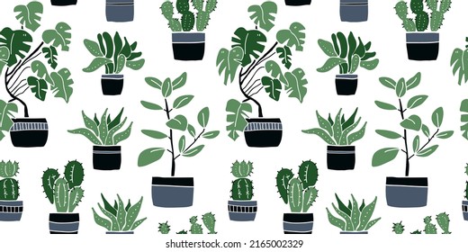 Home potted plants seamless pattern. Indoor flowers. Pattern in earthy and natural colors in boho style