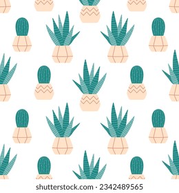 Home potted plants seamless pattern. Houseplants. Home interior. Vector illustration in flat style