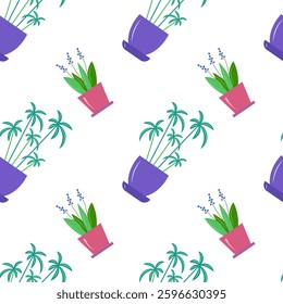 Home potted plants seamless pattern. Houseplants. Home interior. Vector illustration in flat style