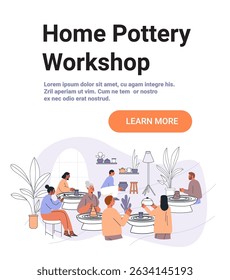 Home pottery workshop creative activity group people making ceramics on pottery wheels cozy indoor studio plants modern decor website banner
