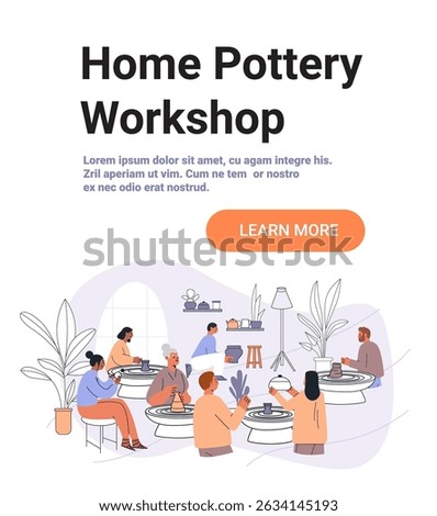 Home pottery workshop creative activity group people making ceramics on pottery wheels cozy indoor studio plants modern decor website banner