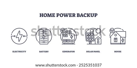 Home power backup icons outline key concepts like electricity, battery, and generator. Outline icons set