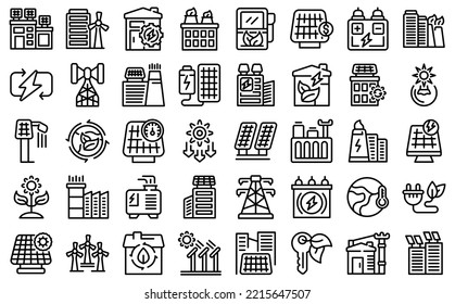 Home power plant icons set outline vector. Green energy. Battery generator