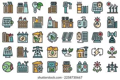 Home power plant icons set outline vector. Green energy. Battery generator color line on white isolated