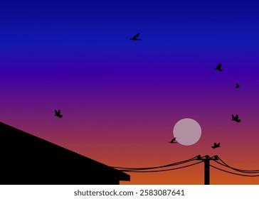 home, power pole, flying bird, and gradient sky sunset illustration