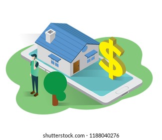 Home Price On Internet Isometric Icons Concept,real Estate Illustration Vector, Home Price Isometric Vector Illustration