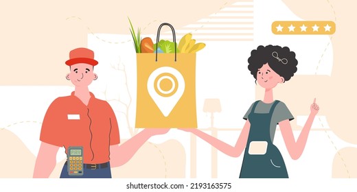 Home products. Food delivery. A male courier delivers a package of products. Trendy flat style. Vector.