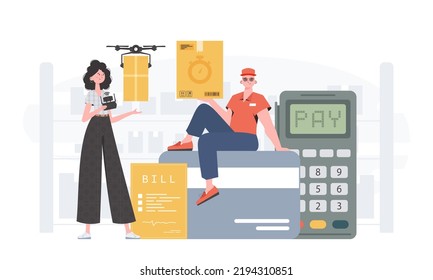Home products. Food delivery. Food and parcel delivery people team. Finished poster. Cartoon style. Vector.