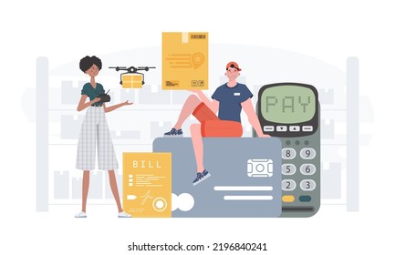 Home products. Food delivery. Food and parcel delivery people team. Finished banner. Cartoon style. Vector.