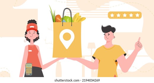 Home products. Food delivery. Woman courier delivers a package with products. trendy style. Vector.