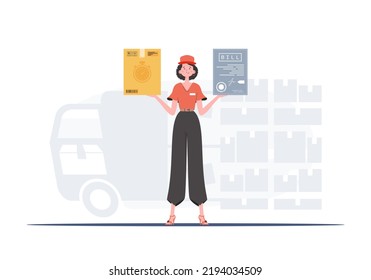 Home products. Food delivery. A woman courier is holding a box and a check. Trendy flat style. Vector.