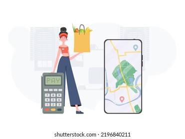 Home products. Food delivery. A woman delivers a package of products. Trendy flat style. Vector.