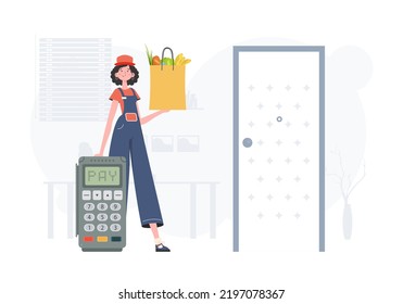Home products. Food delivery. A woman delivers a package of products. trendy style. Vector.