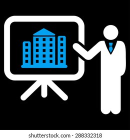 Home project icon from Business Bicolor Set. Vector style: flat bicolor symbols, blue and white colors, rounded angles, black background.