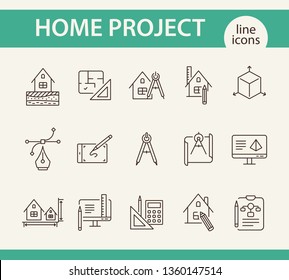 Home project line icon set. Blueprint, computer, house, ruler, pencil. Architecture concept. Can be used for topics like engineering, measurement, building design