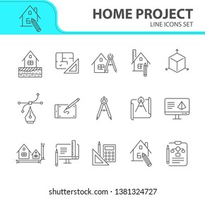Home project line icon set. Blueprint, computer, house, ruler, pencil. Architecture concept. Can be used for topics like engineering, measurement, building design