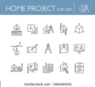 Home project line icon set. Blueprint, computer, house, ruler, pencil. Architecture concept. Can be used for topics like engineering, measurement, building design