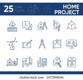 Home project line icon set. Blueprint, computer, house, ruler, pencil. Architecture concept. Can be used for topics like engineering, measurement, building design