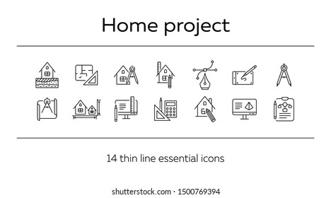 Home project line icon set. Blueprint, computer, house, ruler, pencil. Architecture concept. Can be used for topics like engineering, measurement, building design