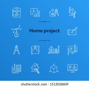 Home project line icon set. Blueprint, computer, house, ruler, pencil. Architecture concept. Can be used for topics like engineering, measurement, building design