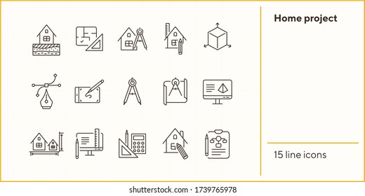Home project line icon set. Blueprint, computer, house, ruler, pencil. Architecture concept. Can be used for topics like engineering, measurement, building design