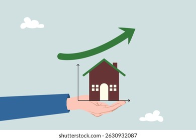 Home and property investment, real estate price growth or mortgage calculation chart, concept of buying or renting decision. Smart businessman presenting house price chart.