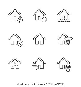 home property protection insurance line black icons set