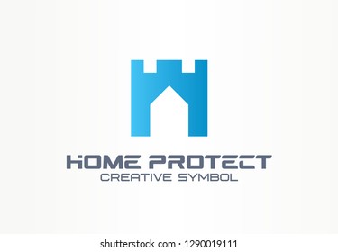 Home protect creative security symbol building concept. Safe house tower wall abstract business logo. Real estate, castle guard foundation icon. Corporate identity logotype, company graphic design