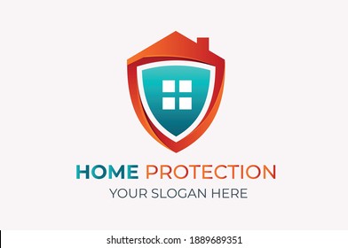 Home Protect logo design template. Home security, shield, building, roof logo. Vector shield and house logotype illustration.