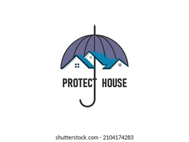 Plantilla de diseño del logotipo de Home Protect. casa con ventana y chimenea en el techo de los pies e icono del paraguas. Icono vectorial de seguridad y bienes raíces.