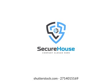Home Protect logo design template. Vector shield and house logotype illustration. Graphic home security icon label. Modern building alarm symbol. Security sign badge