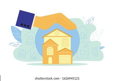 Home Protected by Insurance Company, Illustration. Above House is Insurance Agent's Hand. It Provides Payments for Compensation for Damage Resulting from Occurrence Insured Event, Vector Banner.