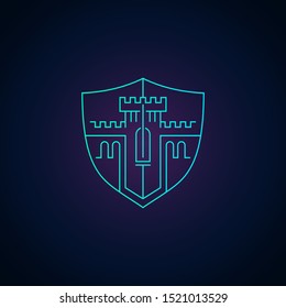 Home protection or data security logo template - outline modern emblem with castle stronghold tower inside shield shape - privacy defence icon