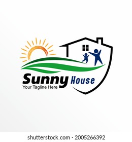 Home protection or guard shield with children and Morning sun image graphic icon logo design abstract concept vector stock. Can be used as a symbol related to joy.