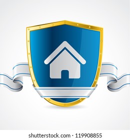 Home protection illustrated with shield and ribbon on white background
