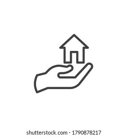 Home protection line icon. linear style sign for mobile concept and web design. Hand with home outline vector icon. Symbol, logo illustration. Vector graphics