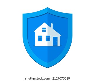 Home protection logo design template. Blue shield with house logotype. Property security symbol. Building alarm icon. Guarding sign vector isolated eps illustration
