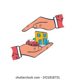 Home protection. Property insurance template, real estate and transportation. House and car holding in a hands insurance agent. Vector illustration sketch design. Isolated on white background.
