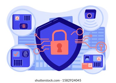 Home protection. Surveillance service. Devices for house security. Access control system, security control solutions, security management concept. Pinkish coral bluevector isolated illustration