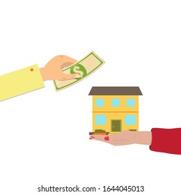 Concepto de compra de vivienda. Dinero de cambio de manos para una casa. Imagen para negocios inmobiliarios, préstamo bancario. Estilo plano de la ilustración del material vectorial.