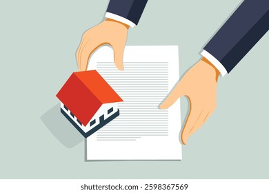 home purchase investment, business hand presenting sale contract paper on table with small house model , cartoon vector