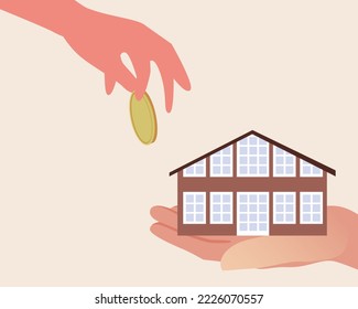 Compra o hipoteca de viviendas, ilustración de acciones de vectores planos con bienes inmuebles, mano y moneda aislados para diseño
