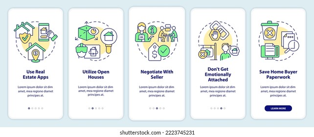Home purchase onboarding mobile app screen. Ready to buy house walkthrough 5 steps editable graphic instructions with linear concepts. UI, UX, GUI template. Myriad Pro-Bold, Regular fonts used